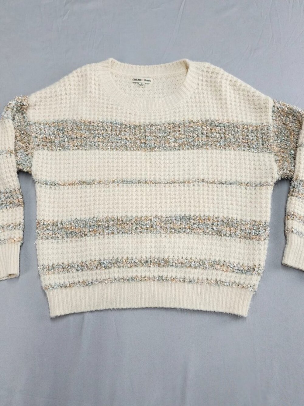 Charmed Hearts Sweater Womens Small Ivory Striped Metallic Knit Pullover